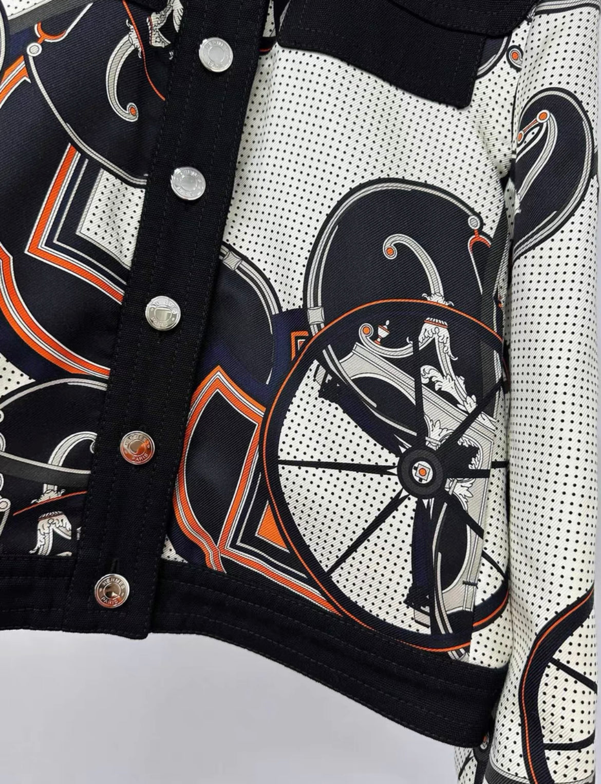 Hermes Black & White "Outdoor" Printed Silk Short Jacket size 36