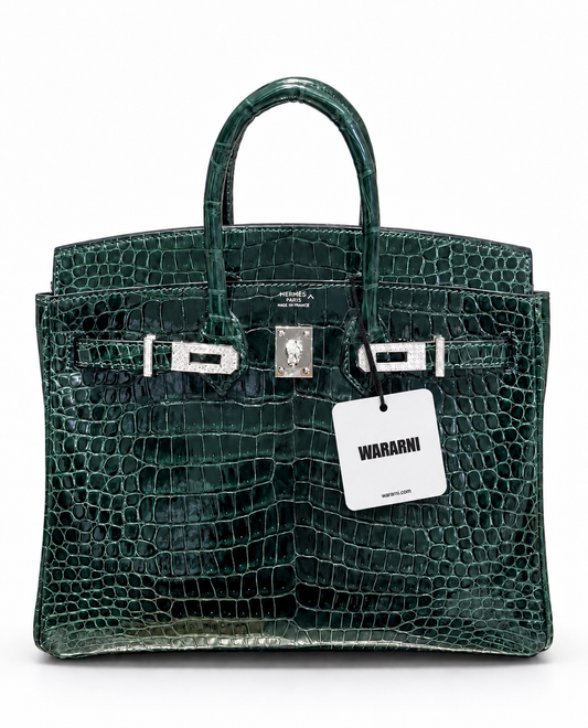 Hermes Birkin 25 Emerald shiny crocodile leather with white gold and diamond hardware