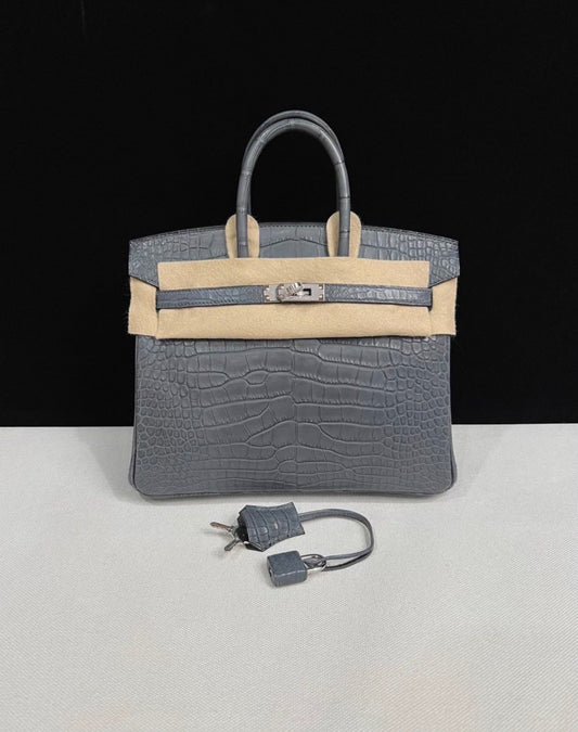 Hermès Birkin 25 grey Gris misty matte crocodile leather palladium hardware