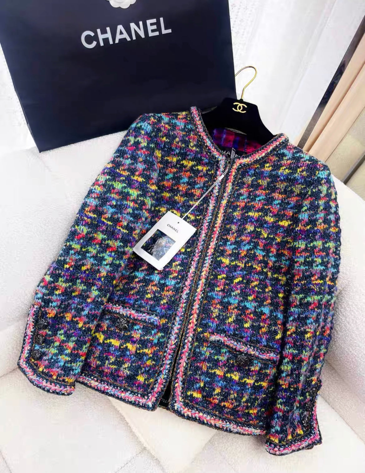 CHANEL 20A Multicolor/Metallic Houndstooth Braided Trim Blazer