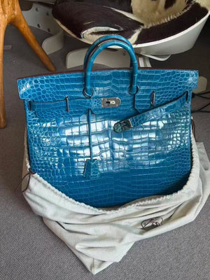 Hermes Birkin HAC 50 Blue Mykonos shiny porosus crocodile leather palladium hardware