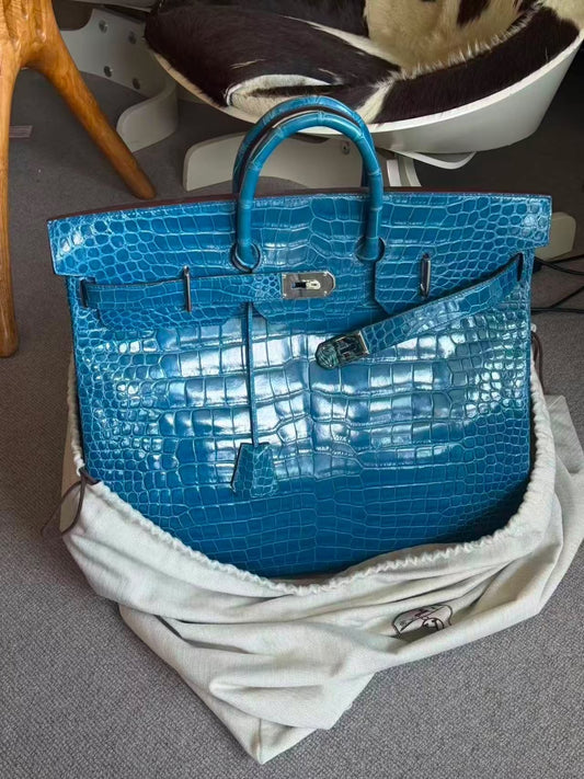 Hermes Birkin HAC 50 Blue Mykonos shiny porosus crocodile leather palladium hardware