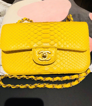 Chanel yellow python snake leather with gold hardware mini flap bag