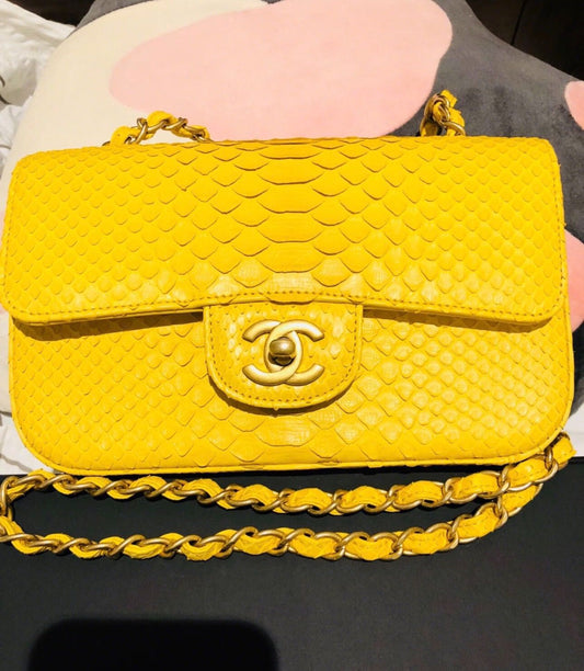 Chanel yellow python snake leather with gold hardware mini flap bag