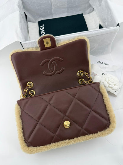 Chanel 24K Shearling Fur & Brown Leather Flap Bag — Statement Seasonal Piece