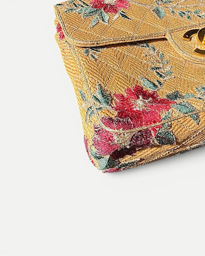 Chanel 1995 Raffia Jumbo flap bag with Red/Green/Gold embroidery and gold hardware red leather chain