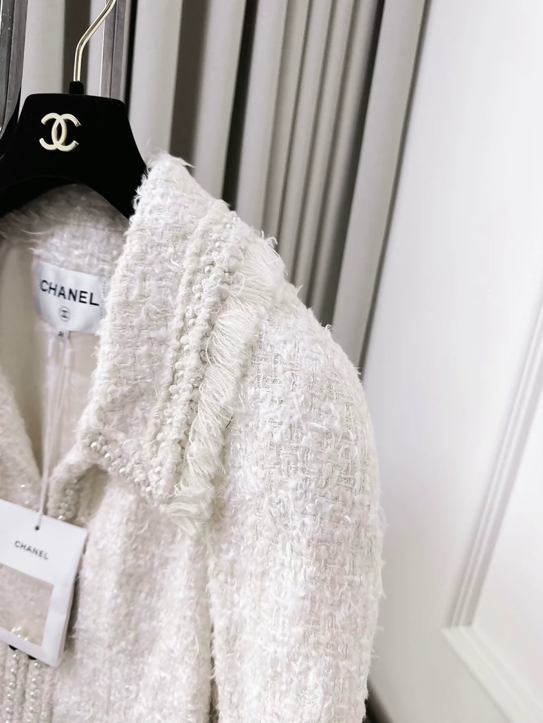 Chanel off-white fringed glass buckle jacket