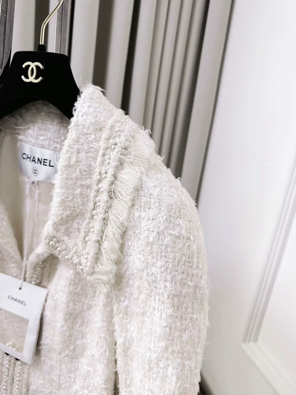 Chanel off-white fringed glass buckle jacket