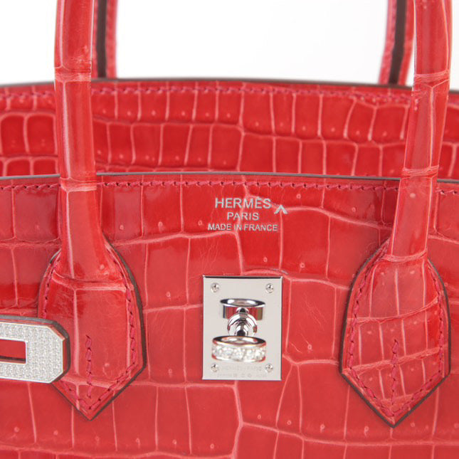 Hermès Birkin 25 Rouge Braise Shiny Porosus Crocodile 18K White Gold and Diamond Hardware