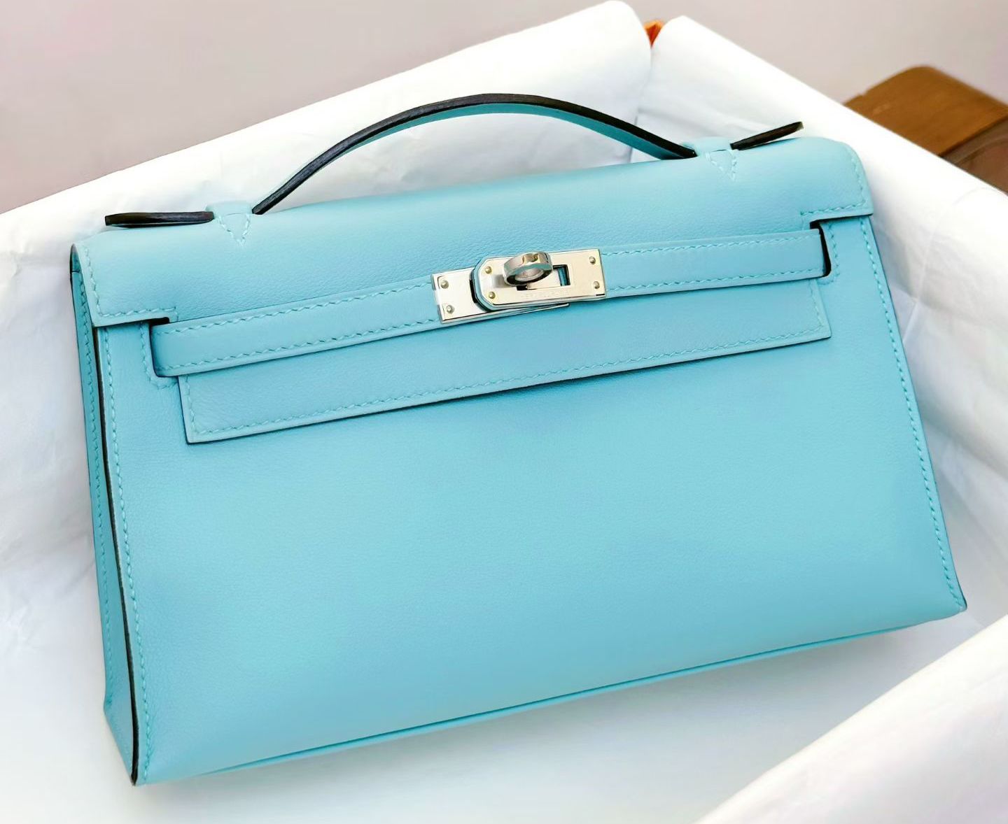 Hermes kelly pochette Bleu Atoll Swift leather palladium hardware
