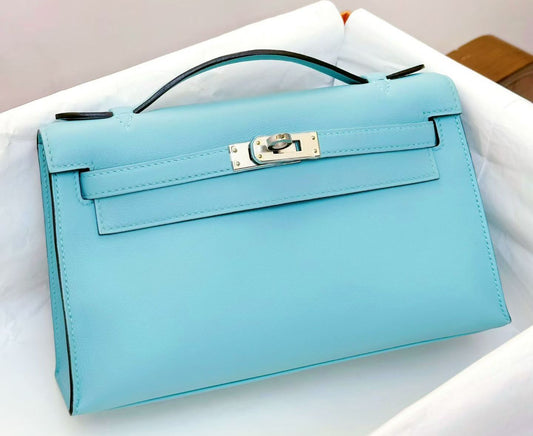 Hermes kelly pochette Bleu Atoll Swift leather palladium hardware