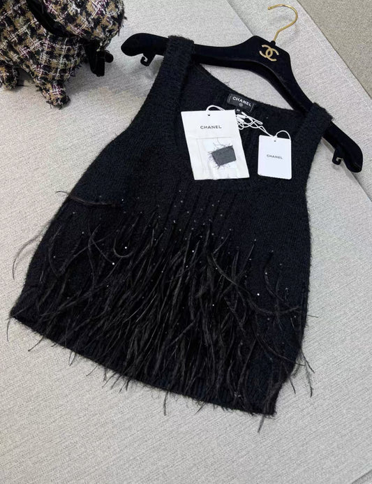 Chanel 25S black feather top