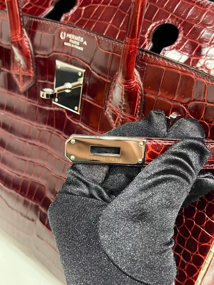 Hermes Birkin 30 Bordeaux Shiny Crocodile Leather Palladium Hardware