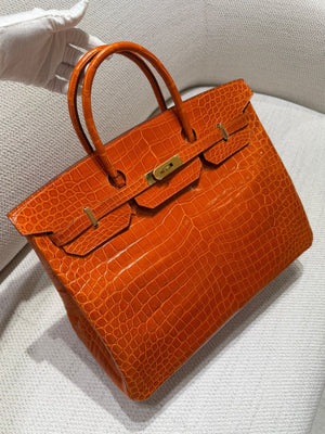 Hermes Birkin 40 Orange shiny porosus crocodile leather gold hardware