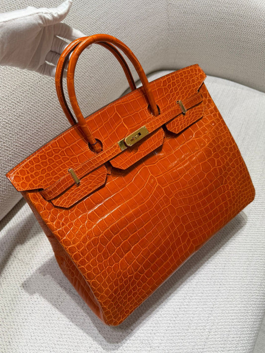 Hermes Birkin 40 Orange shiny porosus crocodile leather gold hardware