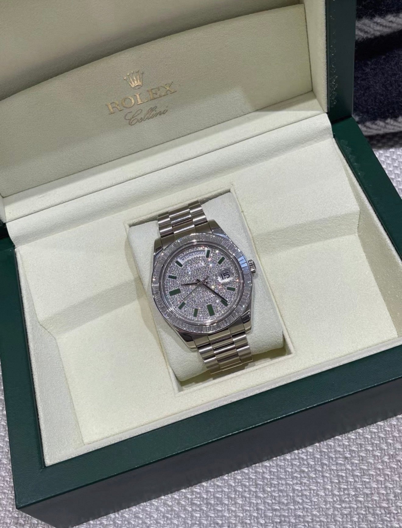 Rolex Day-Date 218399T 18k White gold 
pave diamond with green enamel