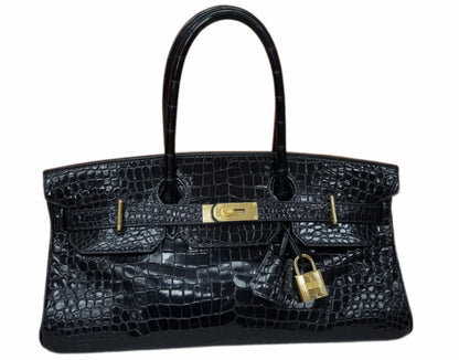 Hermes Birkin Shoulder JPG black Porosus shiny crocodile leather with gold hardware