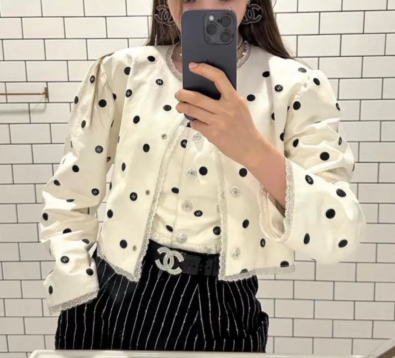 Chanel 23S White & Black Embroidered Lambskin & Lace Jacket