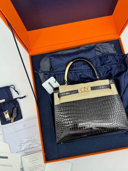 Hermès Kelly 25 Midas shiny crocodile handbag with gold hardware – authenticated collector’s piece