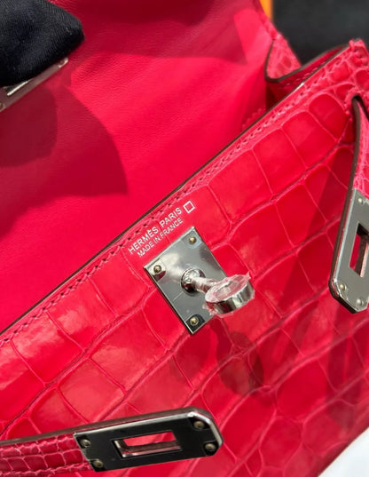 Hermès Mini Kelly Red Braise Shiny Alligator Palladium Hardware