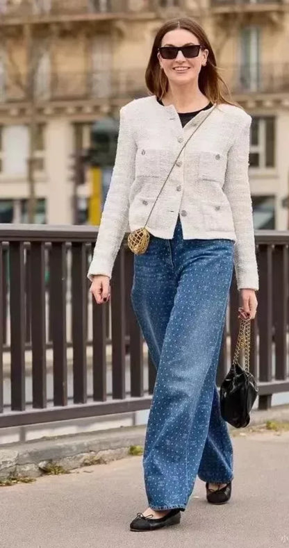 Chanel 23P blue polka-dot denim Boyfriend pants in size 38