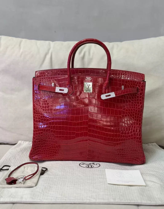 Hermès Birkin 40 Rouge Braise Shiny Porosus Crocodile 18K White Gold and Diamond Hardware