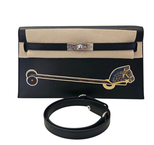 Hermès Kelly Elan "Cheval De Bois" Black and Multi Tadelakt Palladium Hardware