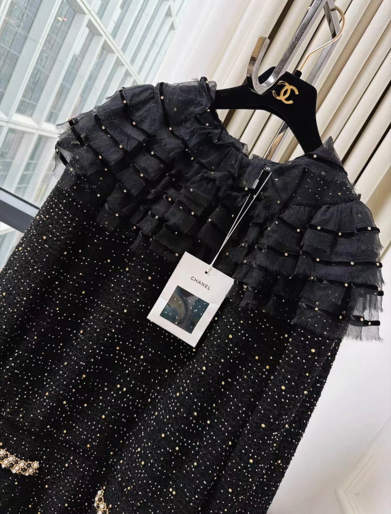 Chanel 21A black tweed mesh pearl sequinned long dress