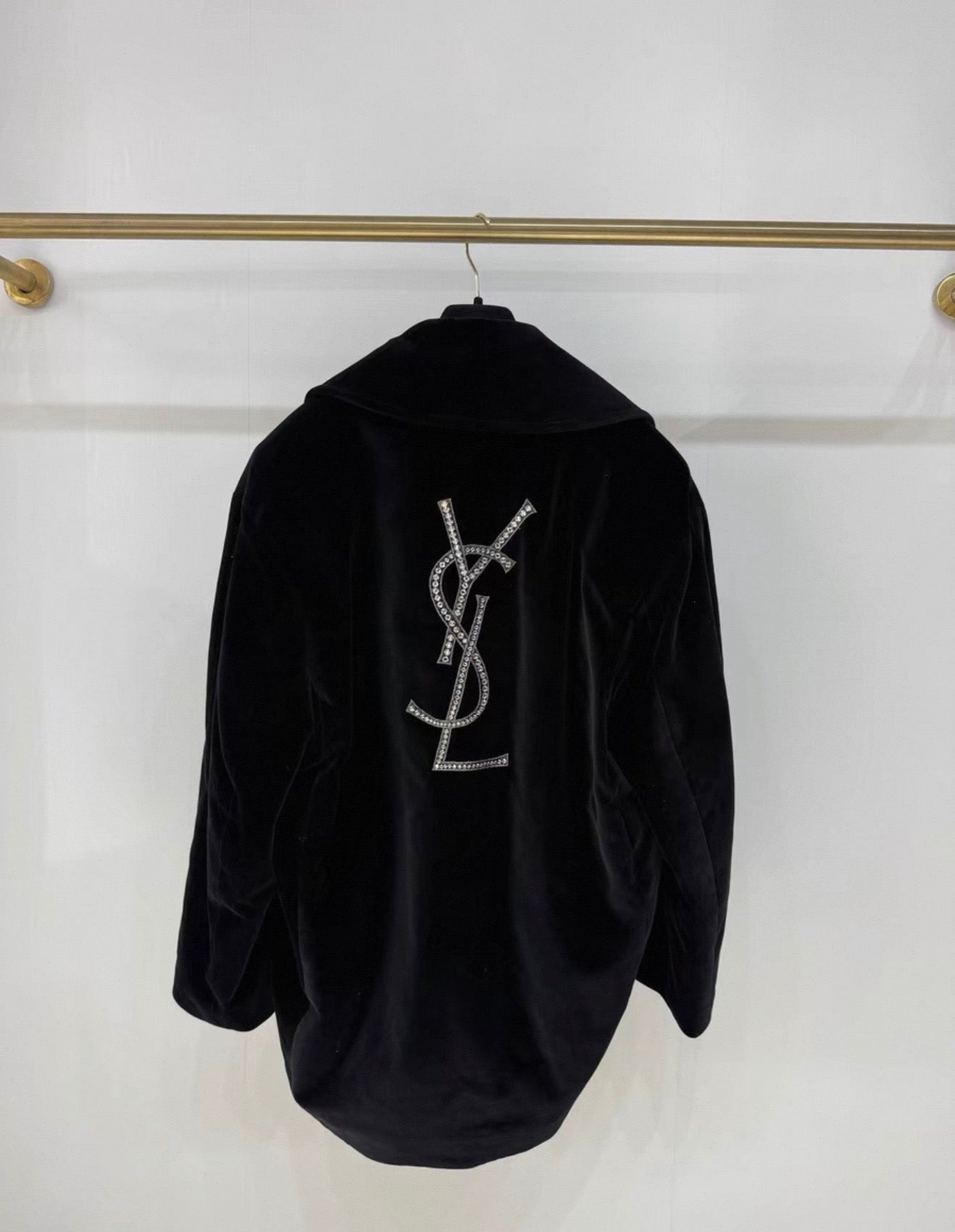 Saint Laurent rhinestone logo black velvet coat