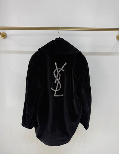 Saint Laurent rhinestone logo black velvet coat