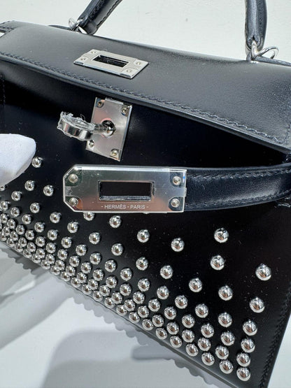 HERMES Box Studded Clouté Mini Kelly Sellier 20 Black