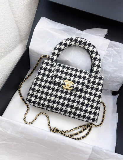 CHANEL 24A Nano Kelly Black & White Houndstooth Tweed Bag - Brand New