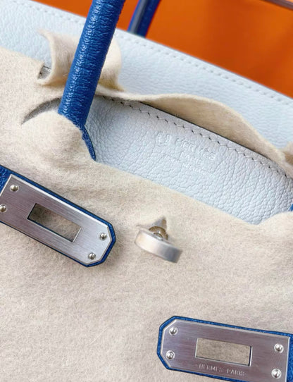 HERMES Birkin 25 Chevre Mysore Bi-Color Horseshoe Gris Perle Bleu Brighton Palladium Hardware