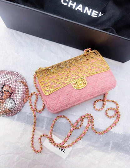 CHANEL 22K Gold Metal Pink Tweed Logo CC Minaudiere Flap Bag