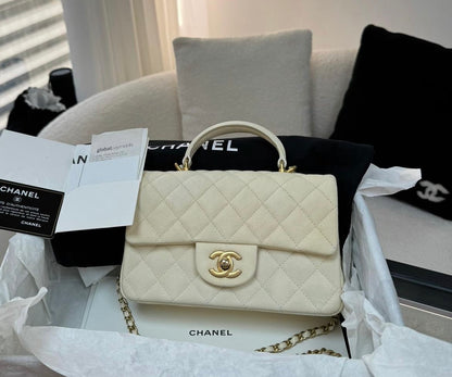 Chanel 21S White / Ivory Caviar Quilted Mini Top Handle Aged Gold Hardware