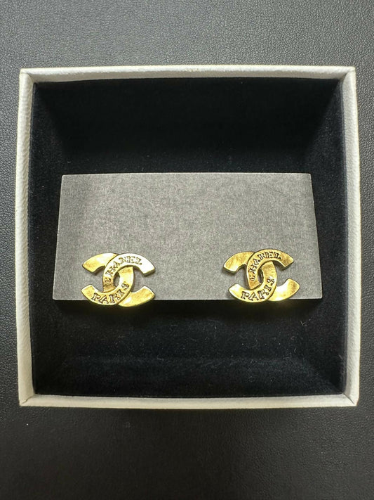 Chanel Vintage 99A Gold-Plated Cambon Collection ‘CHANEL’ Stud Earrings