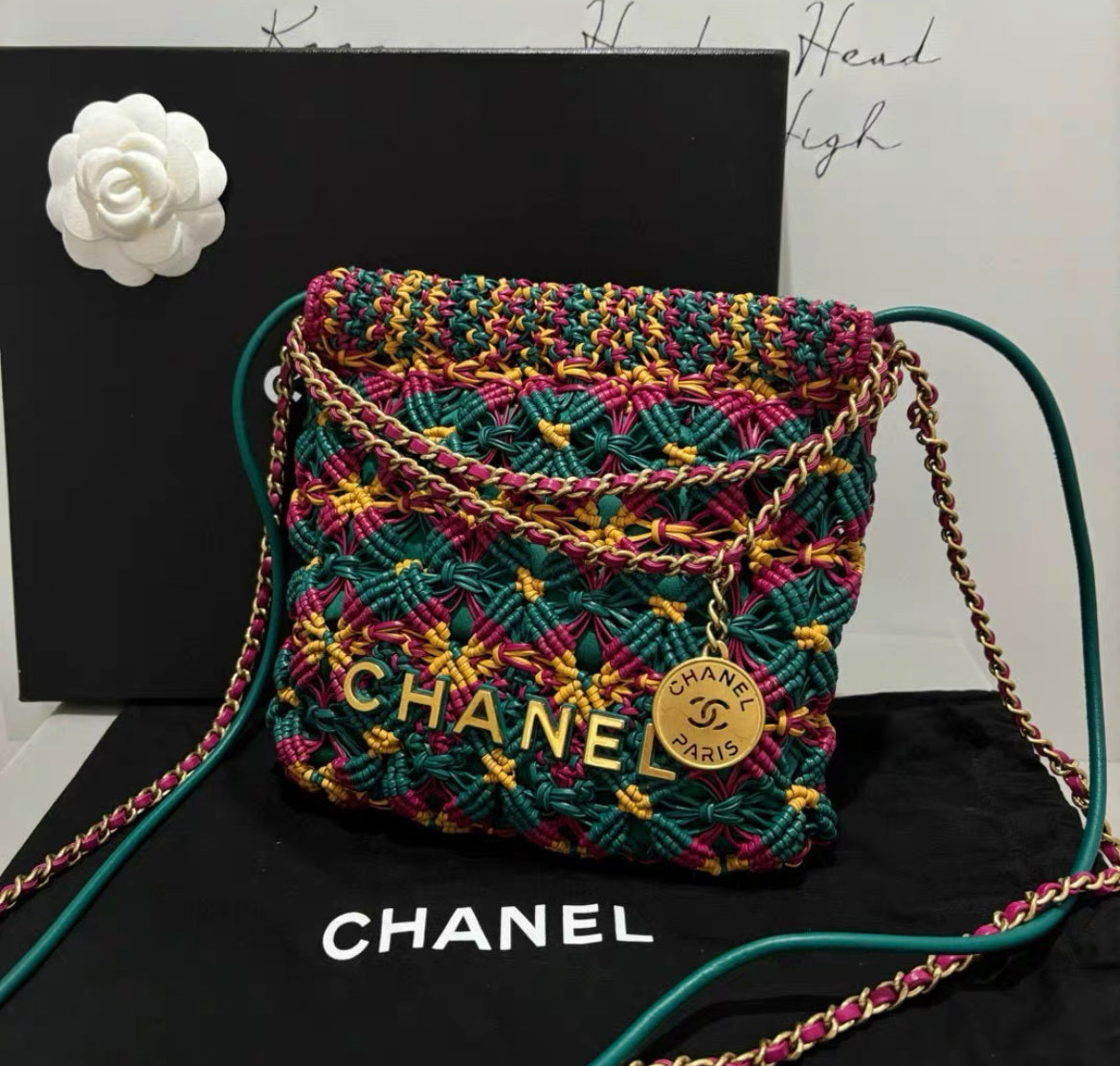 Chanel 23A Mini 22 Bag Multicolor Macrame Calfskin Gold Hardware