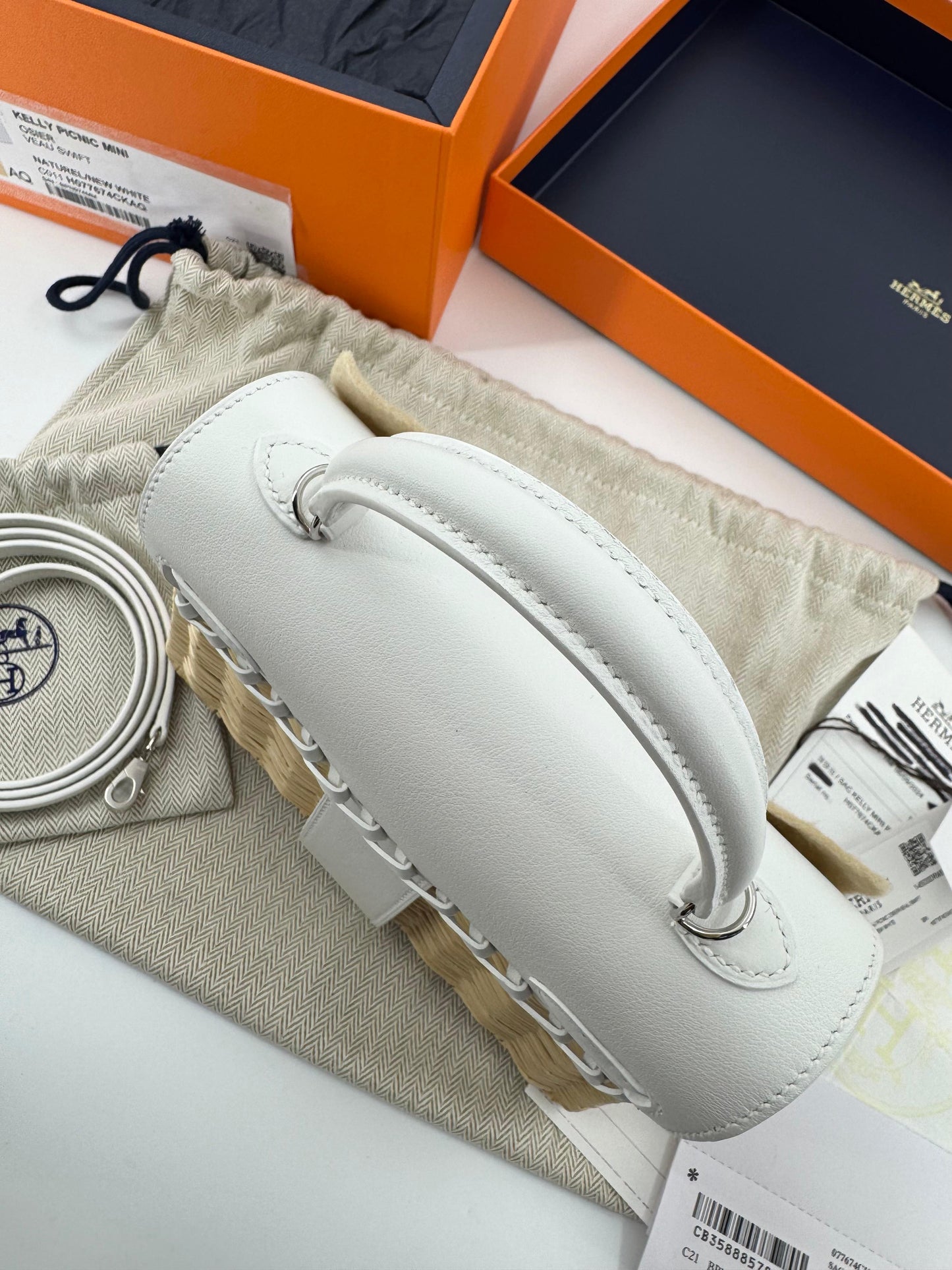 Hermès Mini Kelly 20 “Picnic” White Swift Leather & Palladium Hardware