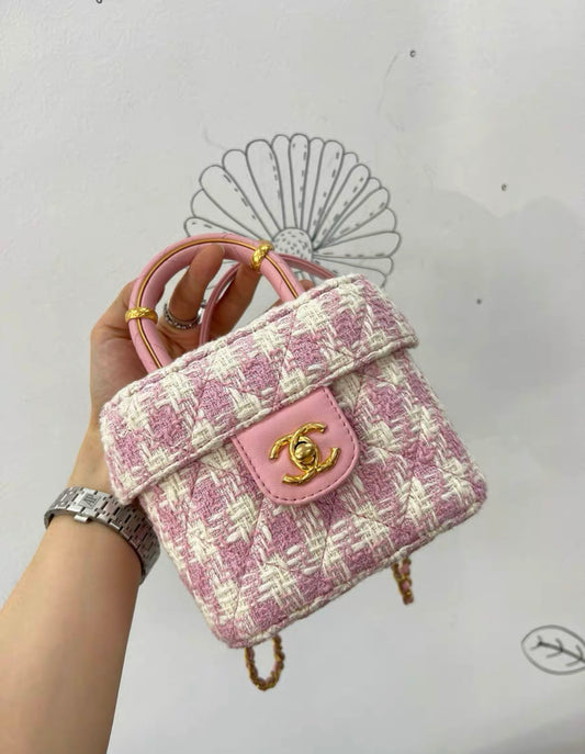 Chanel 23S Top Handle Bag in Pink Tweed Houndstooth Gold Hardware