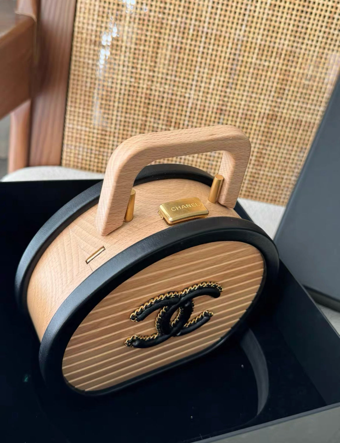 Chanel Round CC Vanity Case Beechwood and Black Lambskin Gold Chanel Round CC Vanity Case Beechwood and Black Lambskin Gold