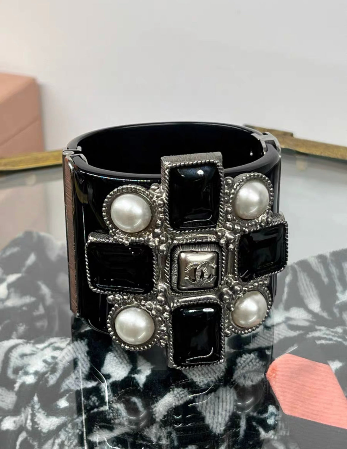 Chanel 19B CC Gripoix Cuff Bracelet Embellished Resin