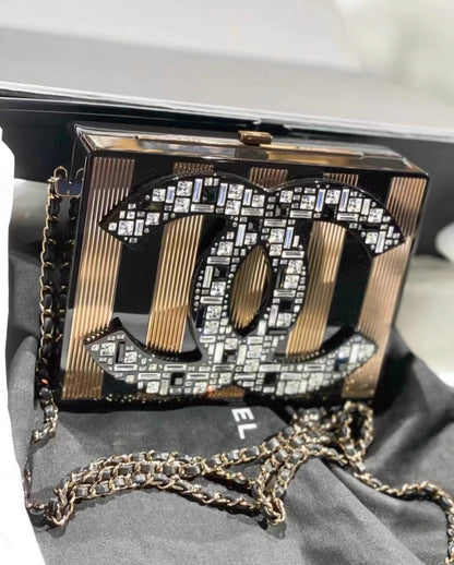 Chanel 2015 CC Logo Plexiglass Copper Black Crystal Minaudière Chain Clutch Bag