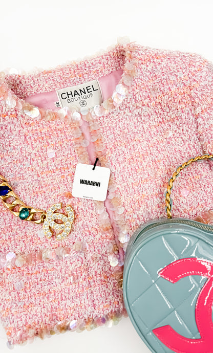 Chanel Vintage 1995P Barbie Collection Runway Pink Sequin Barbie Cropped Jacket