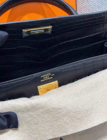Hermes Kelly 28 black matte crocodile leather gold hardware