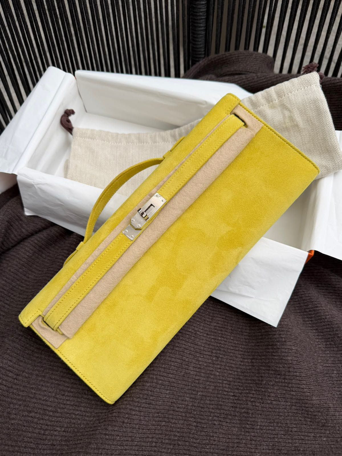 Hermes Kelly cut Jaune Doblis suede leather palladium hardware