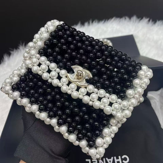 Rare CHANEL 2022 SS BLACK & WHITE FAUX PEARLS LARGE FLAP EVENING BAG WITH GOLD HARDWARE