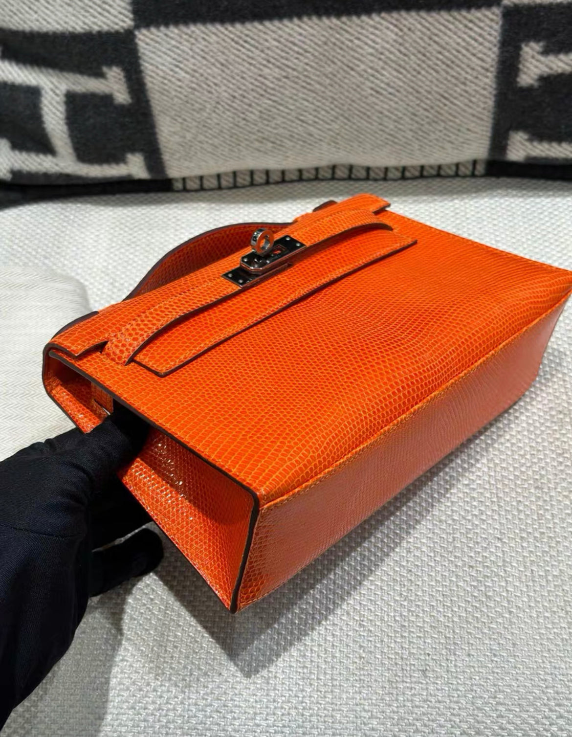 HERMES Mini Kelly Pochette Orange Lizard Leather Palladium Hardware