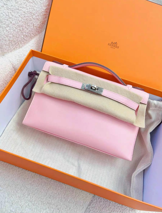 HERMES KELLY POCHETTE ROSE SAKURA SWIFT PALLADIUM HARDWARE