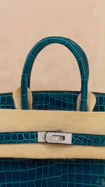 Hermes Birkin 25 Shiny Bosphore Crocodile Diamond Gold Hardware