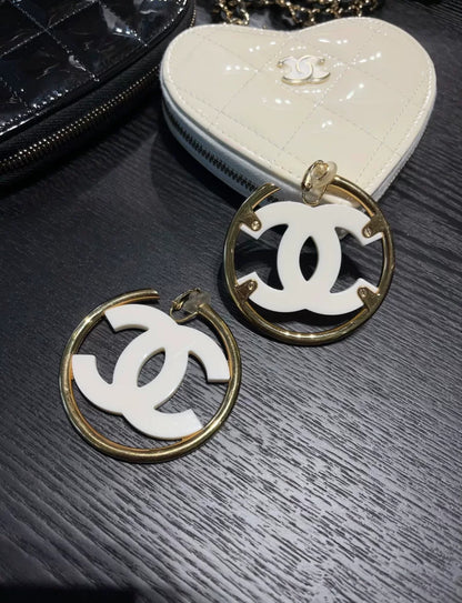 Chanel 24S White Acrylic Double CC Gold hoope earrings